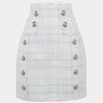Pre Owned Balmain Sky Blue/Pink Tweed Button Detail High-Waist Skirt M