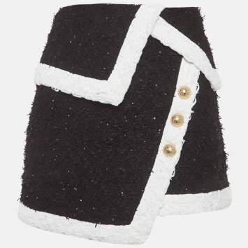 Pre Owned Balmain Black Tweed Asymmetric Mini Skirt L
