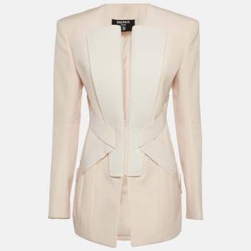Pre Owned Balmain Pastel Pink Wool Pique-Paneled Grain De Poudre Blazer M