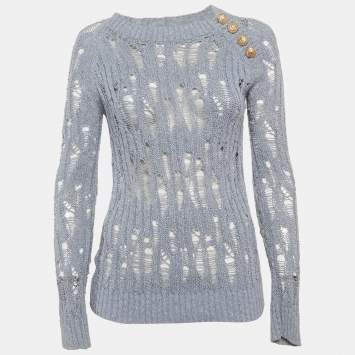 Pre Owned Balmain Blue Lurex Open Knit Sweater S