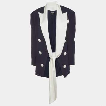 Pre Owned Balmain Navy Blue Crepe and Satin Collar Tie Up Blazer S