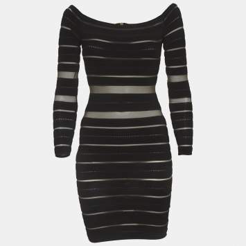 Pre Owned Balmain Black Sheer Striped Off-Shoulder Mini Dress S