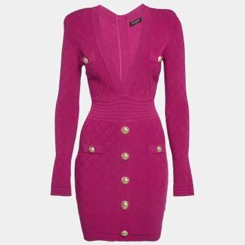 Pre Owned Balmain Fuchsia Pink Jacquard Knit Button Detail Mini Dress S