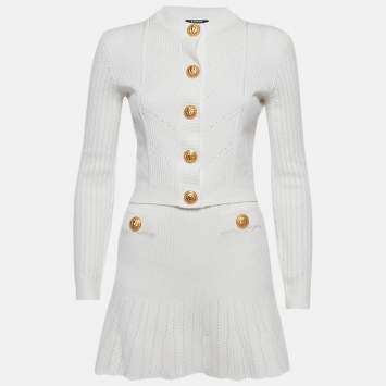 مملوكة مسبقًا Balmain White Rib Knit Button Detail Skirt Set S