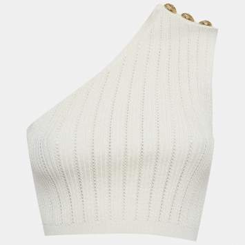 مملوكة مسبقًا Balmain White Pointelle Knit One Shoulder Top S