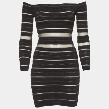 مملوكة مسبقًا فستان قصير بالمان أوف شولدر مقلم شفاف أسود مقاس صغير - سمول