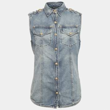 Pre Owned Balmain Blue Faded Denim Sleeveless Shirt M