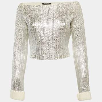 Pre Owned Balmain Silver Metallic Coated Rib Knit Sweater S