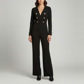Pre Owned Balmain Black Wool Double-Breasted Flared Jumpsuit S