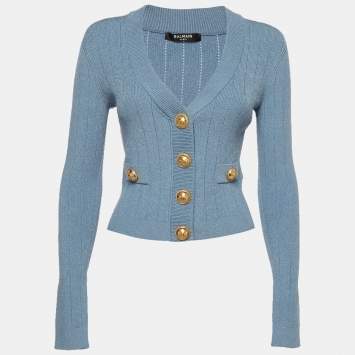 Pre Owned Balmain Blue Ribbed Pointelle Knit Cropped Cardigan S