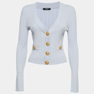 Pre Owned Balmain Blue Ribbed Pointelle Knit Cropped Cardigan S
