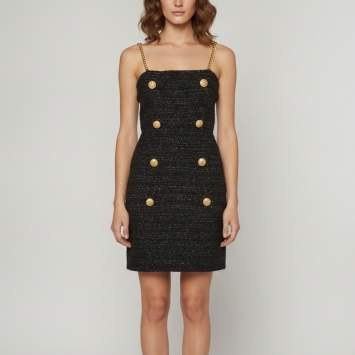 Pre Owned Balmain Black Tweed Chain Strap Mini Dress M