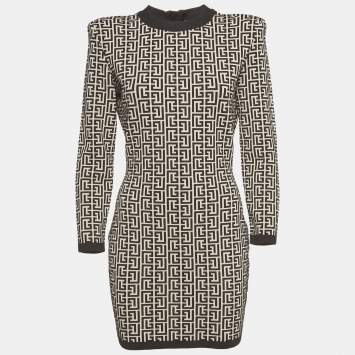 Pre Owned Balmain Beige/Black Monogram Jacquard Knit Mini Dress L