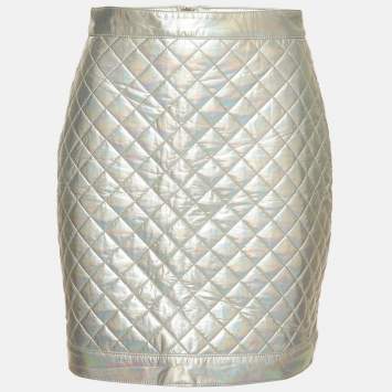 Pre Owned Balmain Silver Iridescent Quilted Mini Skirt M