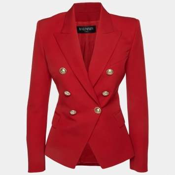 Pre Owned Balmain Red Wool Double Breasted Blazer S