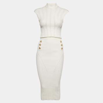 Pre Owned Balmain White Rib Knit Button Embellished Backless Midi Dress S