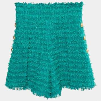مملوكة مسبقًا Balmain Green Tweed High Waist Pleated Shorts S