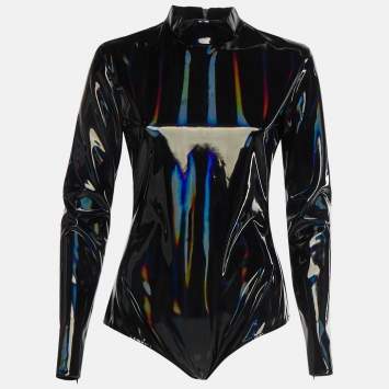 مملوكة مسبقًا Balmain Black Iridescent Vinyl Bodysuit Top M