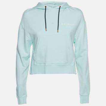 Pre Owned Balmain Mint Green Logo Print Cotton Cropped Hoodie XS