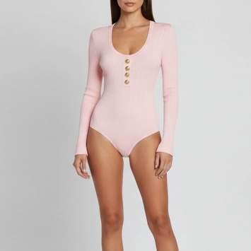 Pre Owned Balmain Pink Rib Knit Button Embellished Bodysuit Top M