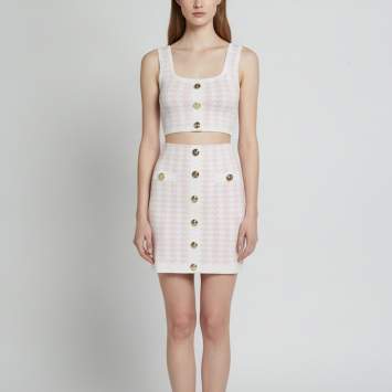 مملوكة مسبقًا Balmain Pink/White Houndstooth Stretch Knit Skirt & Top Set XS