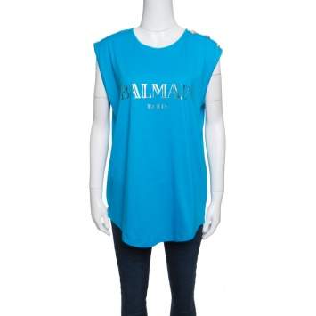 Pre Owned Balmain Blue Cotton Shoulder Logo Button Detail Sleeveless T-Shirt L