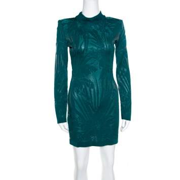 Pre Owned Balmain Green Floral Jacquard Knit High Neck Power Shoulder Mini Dress M