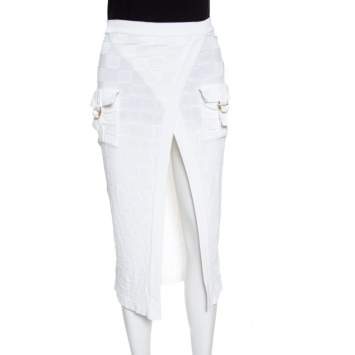 Pre Owned Balmain White Checkered Knit Patch Pocket Detail Faux Wrap Skirt S