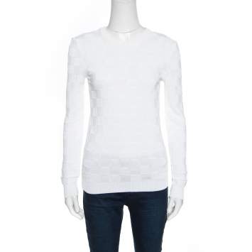 Pre Owned Balmain White Checkered Knit Crew Neck Sweater S