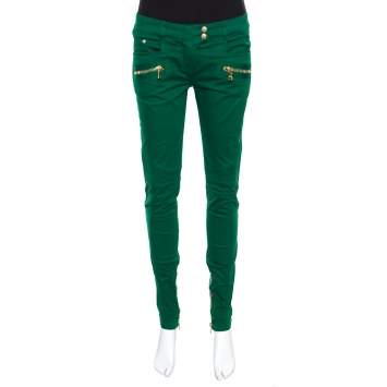 Pre Owned Balmain Green Denim Ribbed Panel Zip Detail Skinny Biker Jeans S