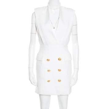 Pre Owned Balmain Off White Plunge Neck Sleeveless Blazer Dress M
