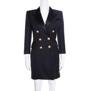 Pre Owned Balmain Black Basket Weave Satin Lapel Detail Coat Dress S