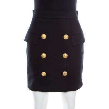 Pre Owned Balmain Black Textured Cotton Gold Button Detail High Waist Mini Skirt S