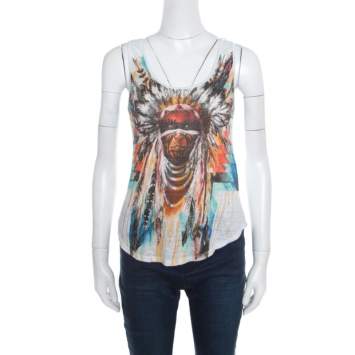 Pre Owned Balmain White Linen Jersey Red Indian Print Sleeveless Tank Top M