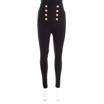 Pre Owned Balmain Black Knit Logo Button Detail High Waist Trousers M