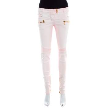 Pre Owned Balmain Pink Coated Ribbed Panel Zip Detail Skinny Biker Jeans S