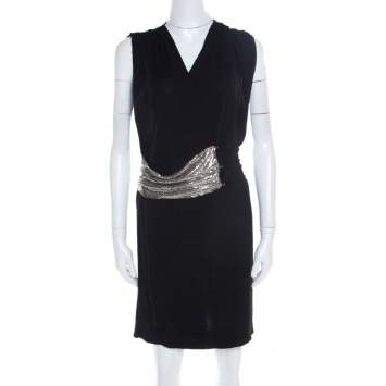Pre Owned Balmain Black Knit Wool Chainmail Paneled Faux Wrap Mini Dress M