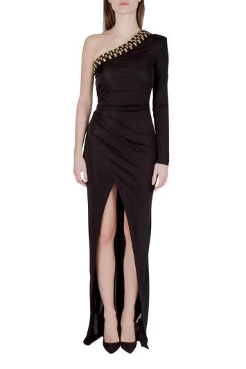 Pre Owned Balmain Black Stretch Knit Crystal Embellished Draped One Shoulder Evening Gown S
