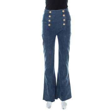Pre Owned Balmain Blue Denim Medium Wash Gold Button Detail High Waist Flared Jeans S