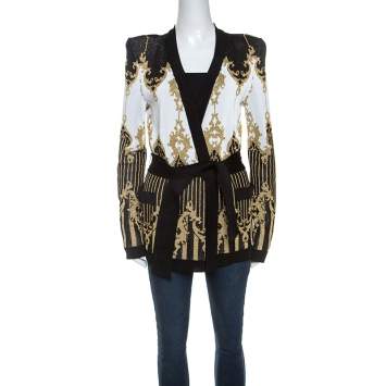 Pre Owned Balmain Black and Gold Jacquard Knit Cardigan M