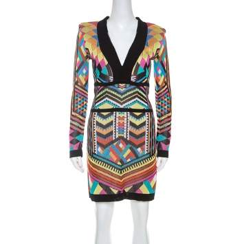 Pre Owned Balmain Multicolor Patterned Knit V-Neck Short Dress M