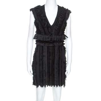 Pre Owned Balmain Black Cotton Fringe Detail Mini Dress M