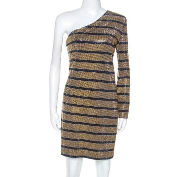 Pre Owned Balmain Gold Crystal Embellished Striped One Shoulder Mini Dress L