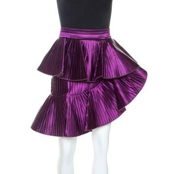Pre Owned Balmain Purple Satin Pleated Asymmetric Ruffled Mini Skirt S