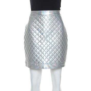 Pre Owned Balmain Metallic Holographic Quilted Mini Skirt M