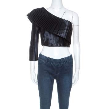 Pre Owned Balmain Midnight Blue Satin Pleated One Shoulder Crop Top S