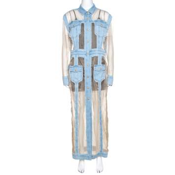Pre Owned Balmain Bicolor Sheer Silk Panelled Denim Trim Shirt Dress L