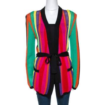 Pre Owned Balmain Multicolor Stripe Open Knit Belted Cardigan M