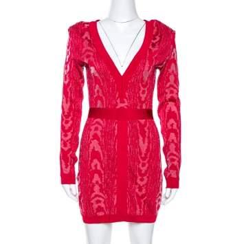 Pre Owned Balmain Red Moire Jacquard Knit Mini Dress M