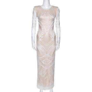 Pre Owned Balmain White Geometric Open Knit Long Sleeve Fitted Dress M